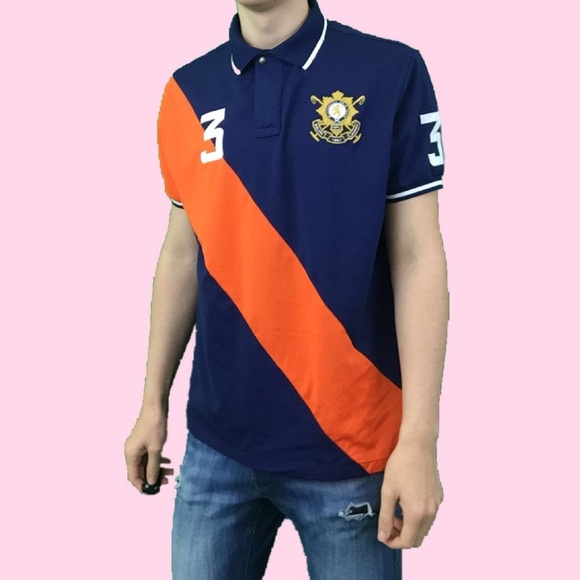 orange and blue ralph lauren polo shirt
